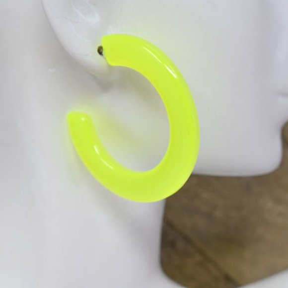 1.75" Retro Translucent Neon Yellow Hoop Earrings - Picture 2 of 11